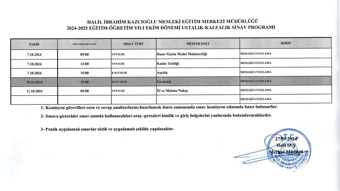 2024-2025 EĞİTİM-ÖĞRETİM YILI EKİM DÖNEMİ USTALIK-KALFALIK SINAV PROGRAMI